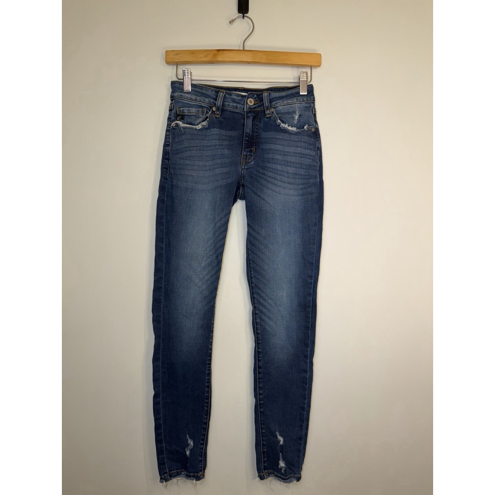 KanCan Size 1/24 Distressed Skinny Jeans Raw Hem Mid Rise Destroyed Indigo Denim